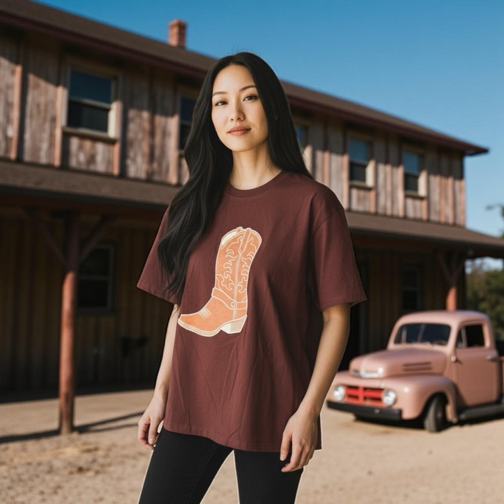 424. Faux Leather Cowgirl Boot In TShirt burgundy